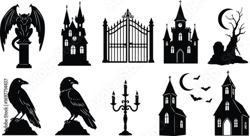 Spooky Halloween Set with Gargoyle, Haunted House, and Ravens


