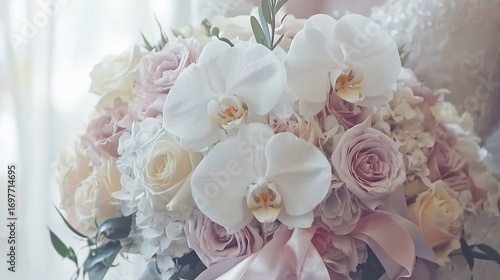 Fototapeta Naklejka Na Ścianę i Meble -  Luxurious bridal bouquet with white orchids peonies and soft pink roses adorned with satin ribbons The arrangement is set against a soft focus background of a wedding venue