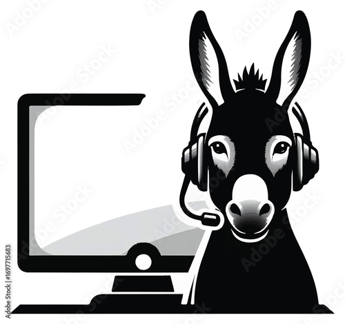 A stylized black and white illustration of a donkey wearing a headset while sitting in front of a computer monitor.