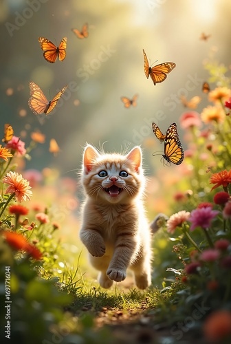 Playful kitten chasing butterflies in a flower garden on sunny afternoon, joyful outdoor pet photography with natural light, colorful blossoms, happy cat playing in nature, professional stock image