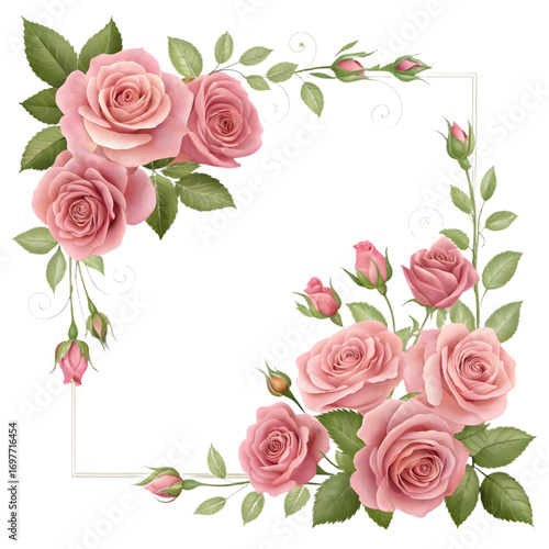 Elegant pink roses frame with delicate floral accents