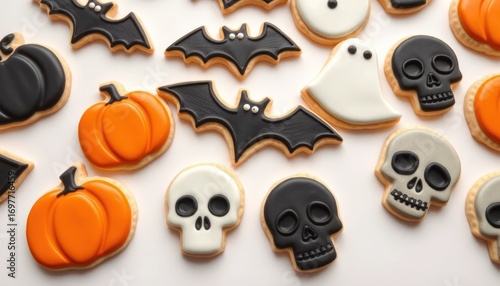 Halloween themed decorated cookies with pumpkins and skulls