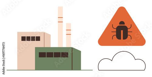 Factory buildings with smoke stacks, bug warning sign in orange triangle, and cloud. Ideal for pollution, pest control, contamination, industry hazard, environment safety, risk awareness simple flat