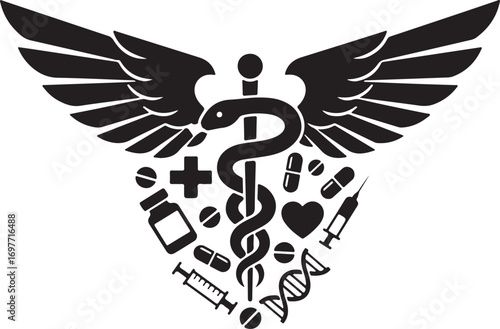 Medical and Health Symbolism Caduceus with Pharmacy Science Icons
