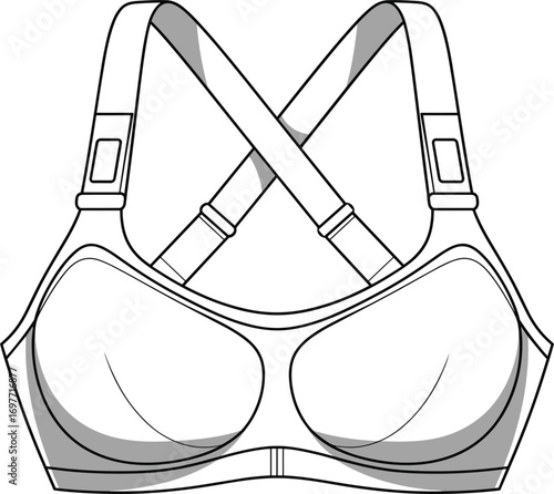 Fashion flat sketch of a women's sports bra with criss-cross straps and padded cups apparel clothing