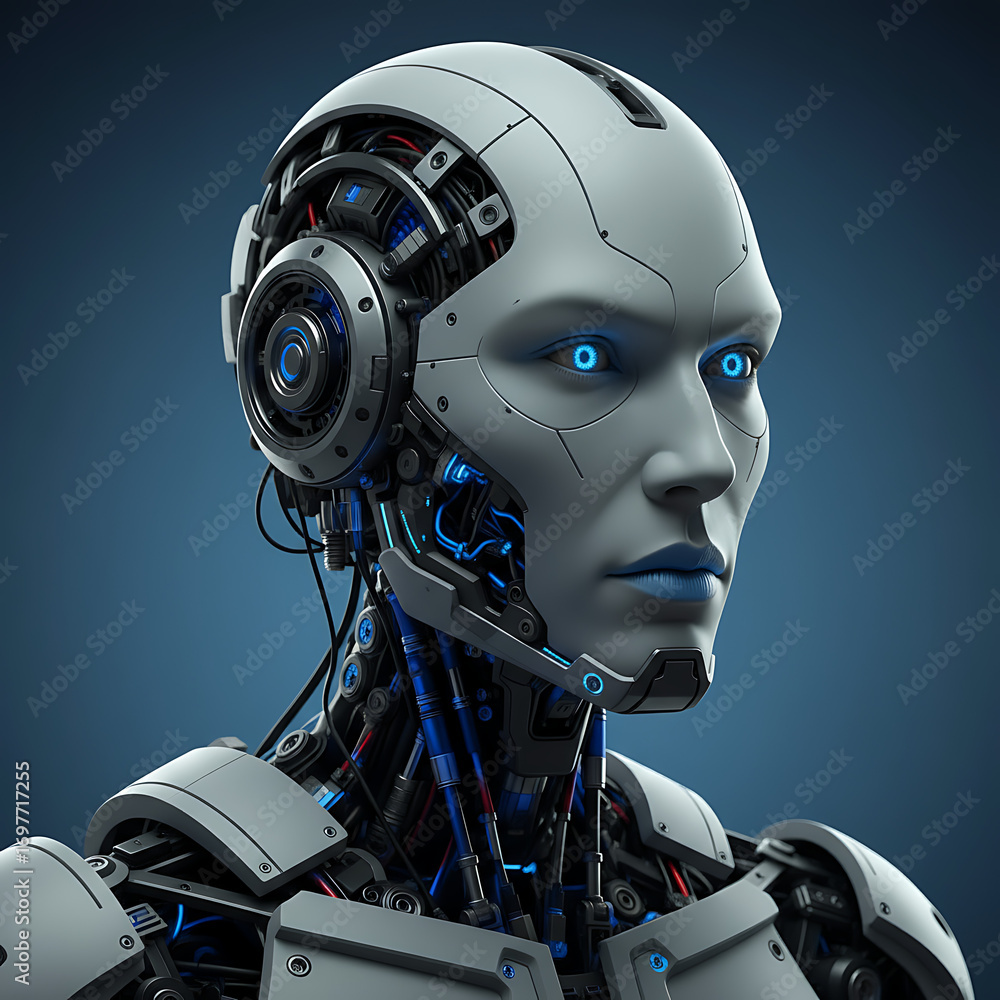 Fototapeta premium Sleek humanoid robot with glowing blue eyes and intricate mechanical details, representing future technology