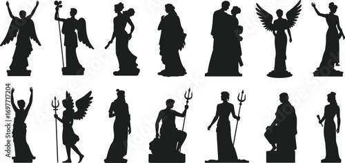 Ancient Greek and Roman statue silhouettes, angelic figures, mythological sculptures, trident holding gods, classical art, historical sculpture collection, vector illustration