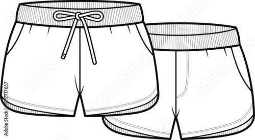 Fashion flat sketch of two black and white outline athletic shorts fashion design