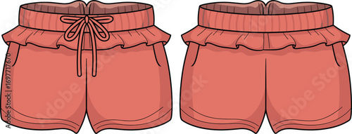 Fashion flat sketch of two coral pink ruffled shorts front and back views fashion design clothing