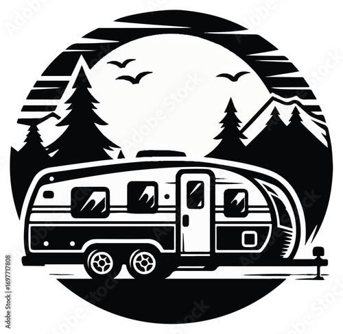 Stylized black and white illustration of a travel trailer in a mountain and forest landscape with birds flying, set within a circular frame.
