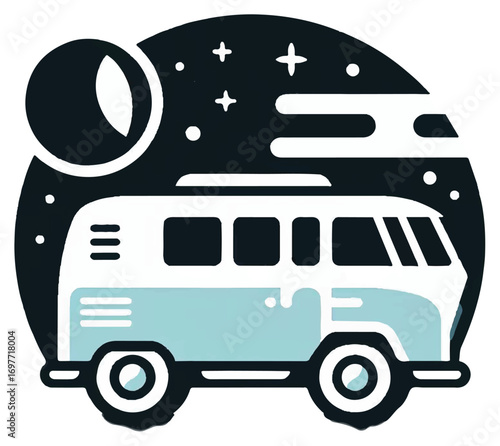 A light teal colored vintage camper van, set against a dark night sky with a crescent moon and stars, suggesting a travel theme.