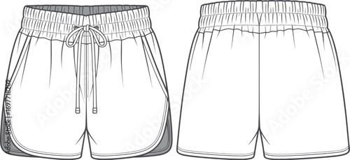 Fashion flat sketch of white athletic shorts with drawstring and contrast trim front and back running