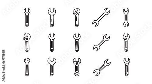 Collection of various wrench silhouettes in different orientations and sizes silhouette