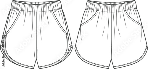 Fashion Flat Sketches of Athletic Shorts Front and Back Views Keywords: athletic shorts, apparel, clothing, fashion, sketch, flat