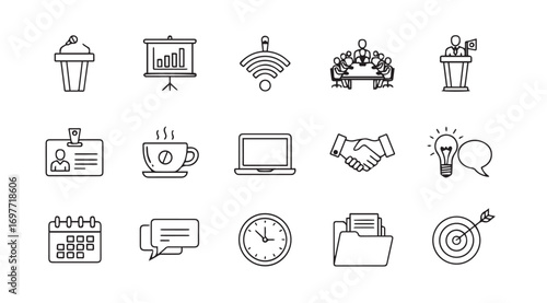 Collection of business and office icons in a sketchy silhouette style