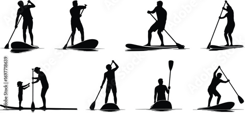 Black silhouettes of people paddleboarding in different poses, adults and child, water sport activity, outdoor recreation, vector isolated on white background