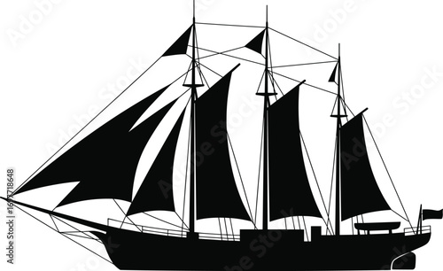 Black silhouette of a sailing ship with four masts, vintage tall ship, nautical design, ocean vessel, rigging and sails, maritime vector art