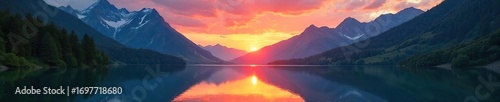 Wallpaper Mural Serene mountain lake reflecting a vibrant sunset, surrounded by lush green forests and towering peaks A tranquil scene of untouched natural beauty , peaceful, oxygen Torontodigital.ca