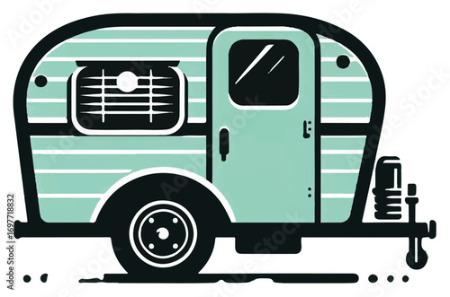 Illustration of a vintage camper trailer with a window, door, and wheels, in a retro style.