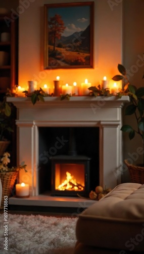 Cozy living room interior with burning candles on a mantelpiece, creating a warm and inviting ambiance Perfect for home decor, relaxation, and autumn themes , winter, shadows