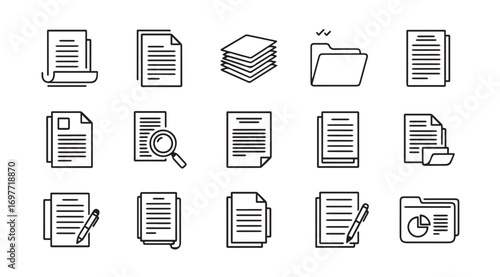 Collection of document and paperwork icons in a simple silhouette style