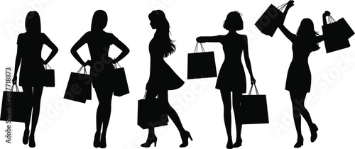 Black silhouettes of women shopping, carrying bags, happy shoppers, fashion lifestyle, retail therapy, consumer behavior, shopping spree, vector isolated