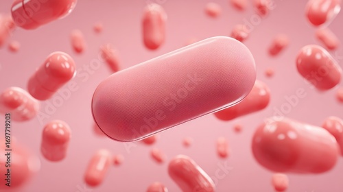 A close-up shot of numerous pink capsules floating in a blurred pink background, creating a sense of motion and depth
