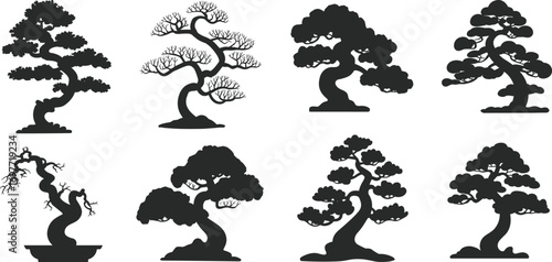 Bonsai tree silhouette vector illustration, Japanese garden tree clipart, black minimal art, decorative traditional plant design element collection