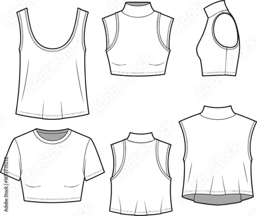 Fashion flat sketches of women's crop tops and sleeveless tops in various necklines apparel clothing