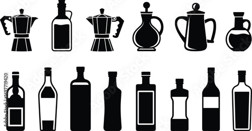 Coffee pots, glass bottles, container silhouettes, kitchenware icons, black vintage jars, coffee maker vector, bottle shapes, isolated white background