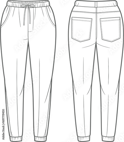 Front and Back Fashion Flat Sketch of Casual Drawstring Pants Keywords: casual pants, trousers, pants, apparel, clothing, fashion