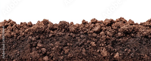 Close-up shot of dark brown soil against a white background, revealing the texture and composition of the earth