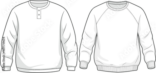 Front and back view of a white long-sleeved sweatshirt with henley neckline sweater long sleeve