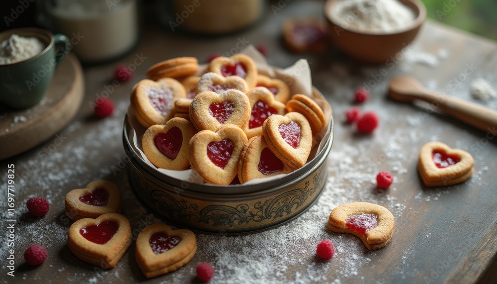 Fototapeta premium Heart-shaped cookies with raspberry jam on kitchen counter