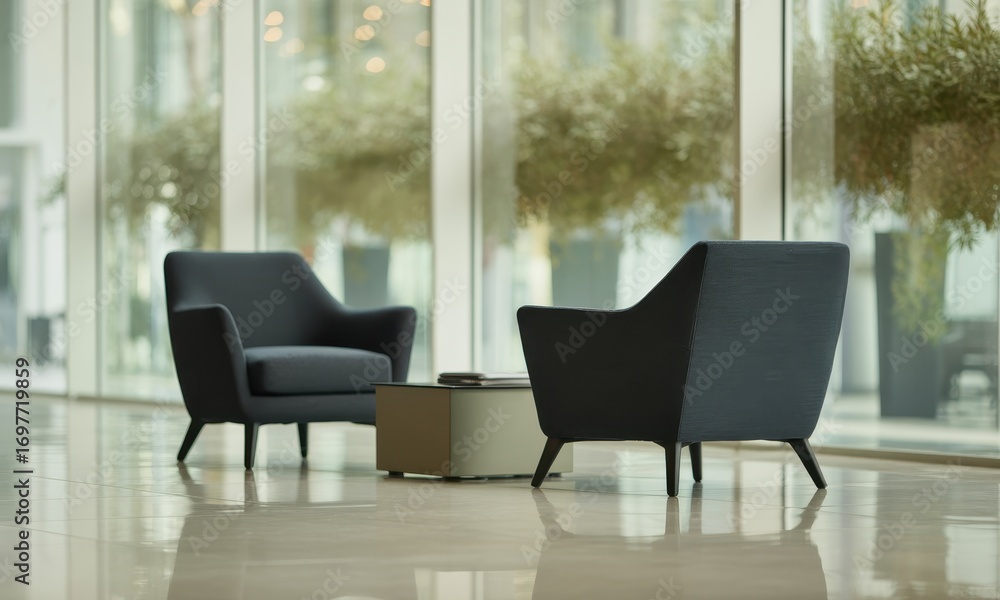Fototapeta premium Stylish charcoal grey armchairs and table in a bright, modern corporate lobby interior