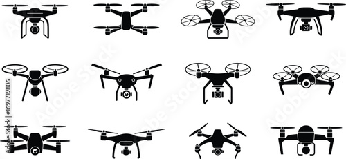 Drone silhouette collection, camera drones vector set, quadcopter icons, UAV clipart, aerial photography illustration, black flying drone bundle