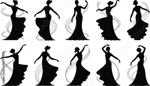 Elegant female dancer silhouette set, artistic dance poses with swirl elements, graceful woman movement vector for design, fashion, performance