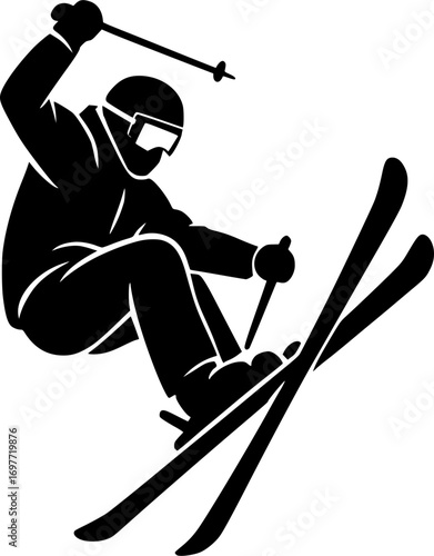 Minimal black and white vector of a skier performing a trick, clean silhouette design, perfect for winter sports graphics, posters, and action illustrations.