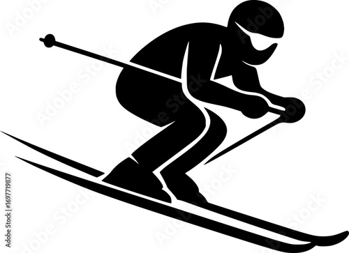 Minimal black and white vector silhouette of a skier racing downhill, clean design, perfect for winter sports graphics, posters, and alpine competition illustrations.