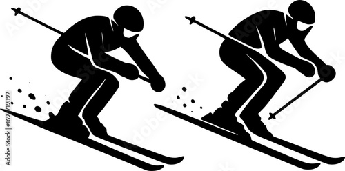 Minimal black and white vector silhouette of two skiers racing, clean design, perfect for winter sports graphics, competition posters, and dynamic skiing illustrations.