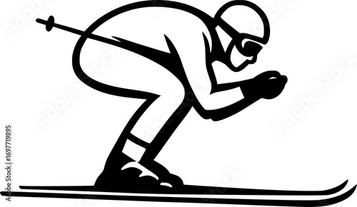 Minimal black and white vector of a skier in tuck position, clean silhouette design, ideal for winter sports graphics, racing posters, and dynamic skiing illustrations.
