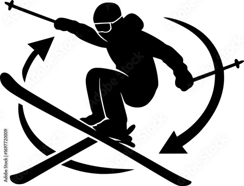 Monochrome vector silhouette of a skier performing a 360 spin in mid-air, clean minimal design, perfect for posters, sports graphics, and winter action themes