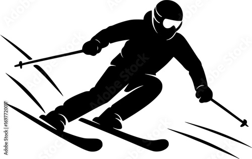 Monochrome vector silhouette of a skier carving dynamic turns on a mountain slope, clean minimal design, ideal for winter sports posters, prints, and action graphics