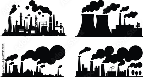 Factory smoke silhouette, industrial pollution vector, toxic air emissions, environmental damage illustration, black factory icon, global warming concept, pollution art