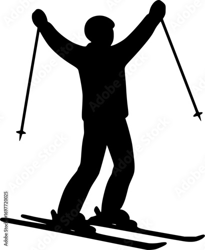 Minimal black and white vector silhouette of a skier with poles raised in celebration, clean design, perfect for winter sports graphics, posters, and achievement illustrations.