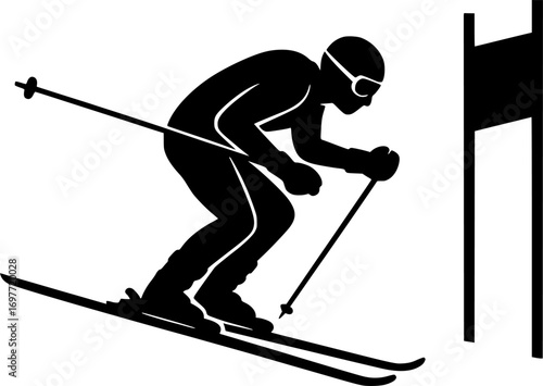 Minimalist black and white vector silhouette of a skier starting from a ski gate, clean modern design, perfect for racing, winter sports graphics, and competition posters