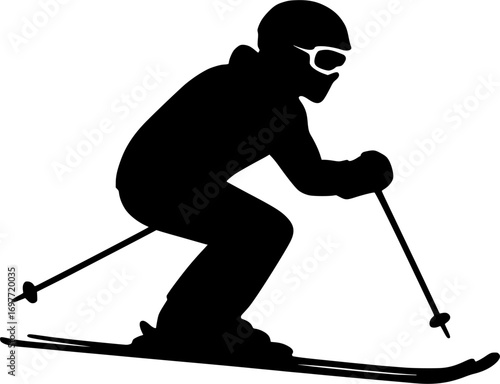 Minimal black and white vector silhouette of a skier wearing goggles and helmet, clean modern design, perfect for winter sports graphics, posters, and icons
