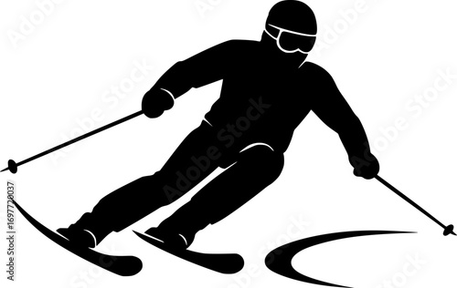 Minimalist black and white vector silhouette of a skier making a sharp carve turn on a slope, clean modern design, perfect for posters, icons, and sports-themed graphics