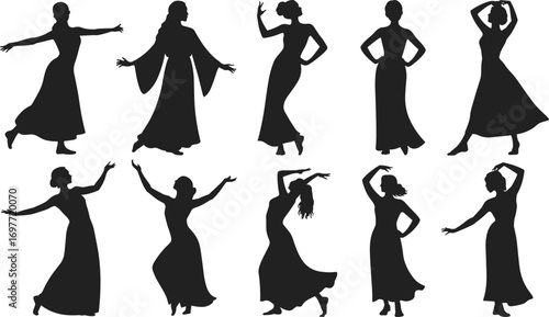 Female dancer silhouette vector set, elegant woman dance poses, graceful performance illustration, modern artistic expression for creative design