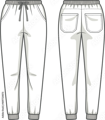 Front and Back View Fashion Flat Sketch of White Jogger Pants Keywords: jogger pants, sweatpants, trousers, pants, apparel